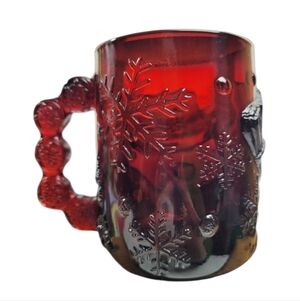 Vintage Arcoroc Red Glass Mug Coffee Cup Snowman Christmas Made In France